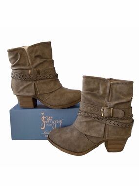 Jellypop Evolve Taupe Heeled Boots Strap Boho Western Winter Fall Moto Women’s